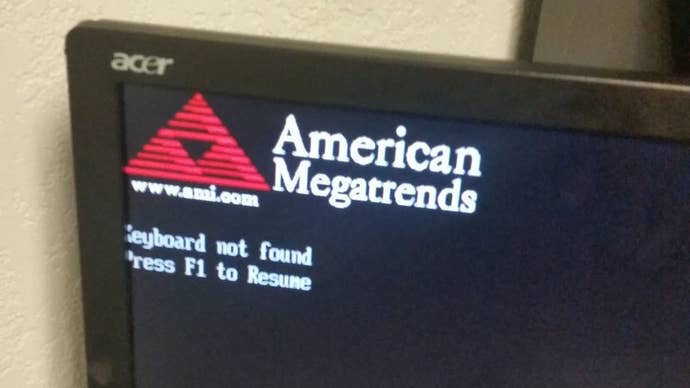 A 'keyboard not found. Press F1 to resume' error message.
