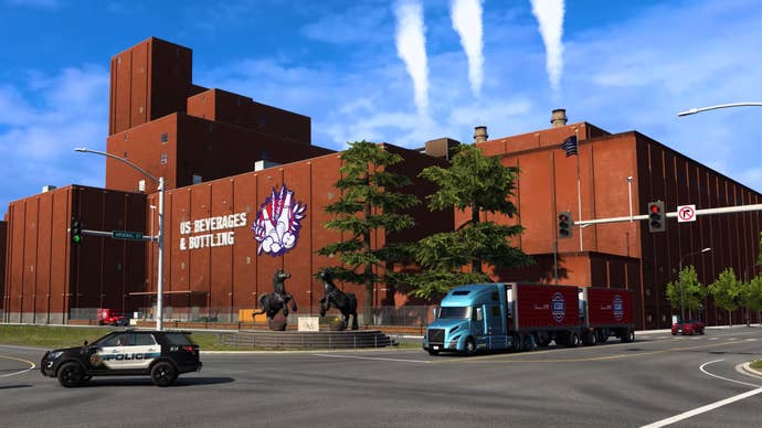 Image from American Truck Simulator’s Missouri trailer showing a truck driving by a red-brick US Beverages & Bottling factory belching smoke from its chimneys.