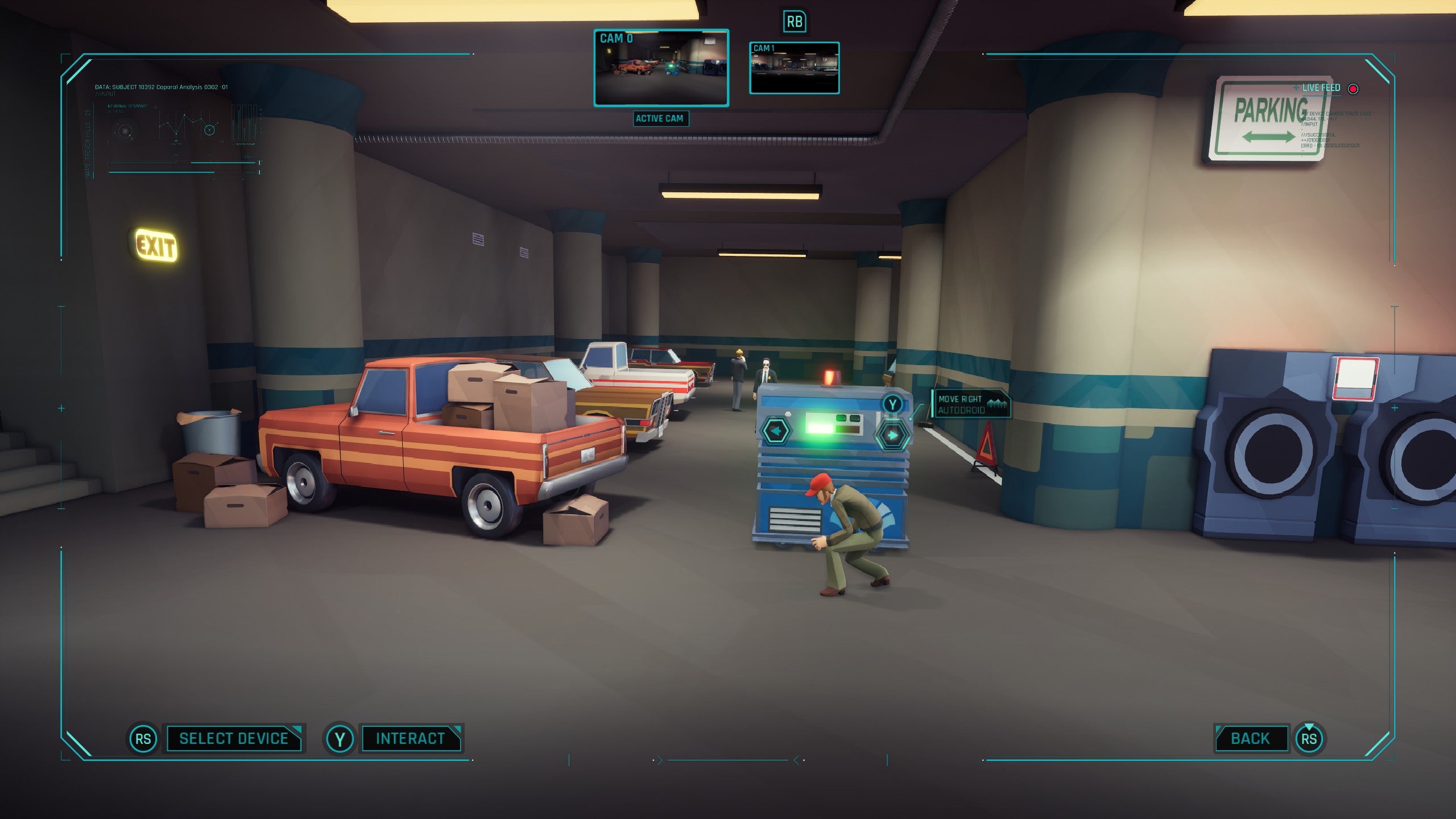A screenshot of a side-on platforming section in American Arcadia. We see a man crouching behind a large box in a garage area.