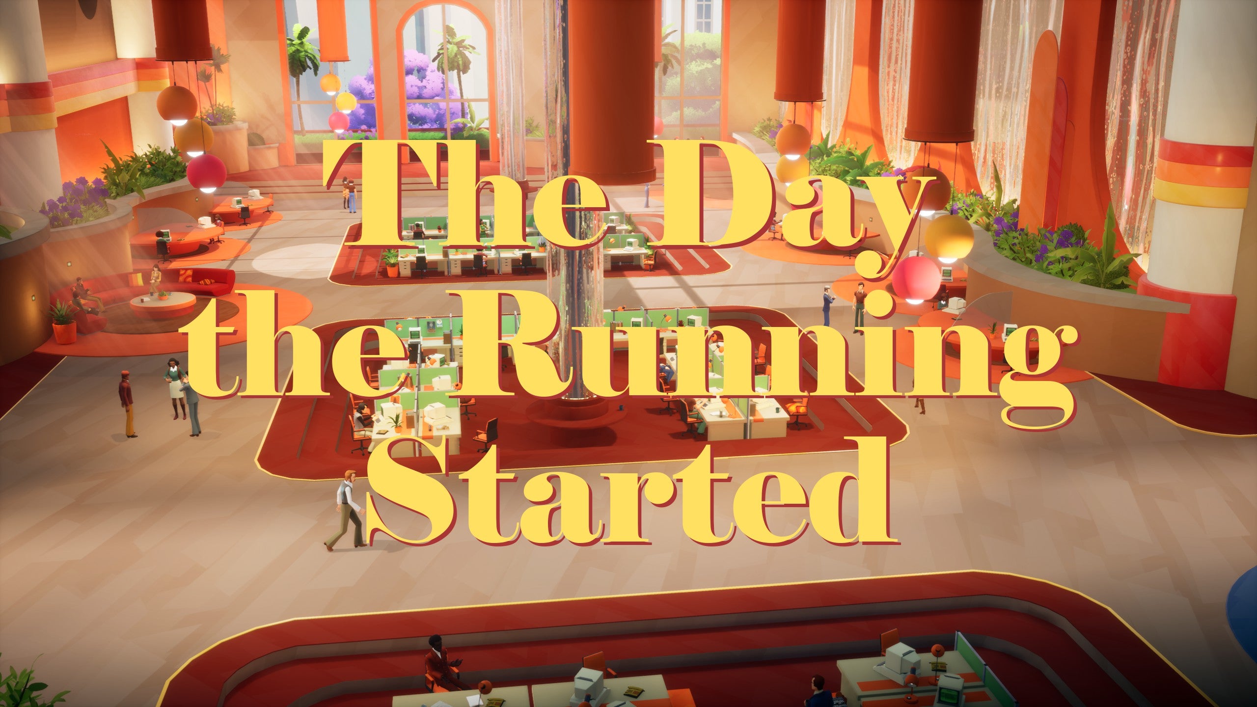 Text saying &ldquo;The Day the Running Started&rdquo; overlays a zoomed out shot of a pristine 1970s hotel foyer.