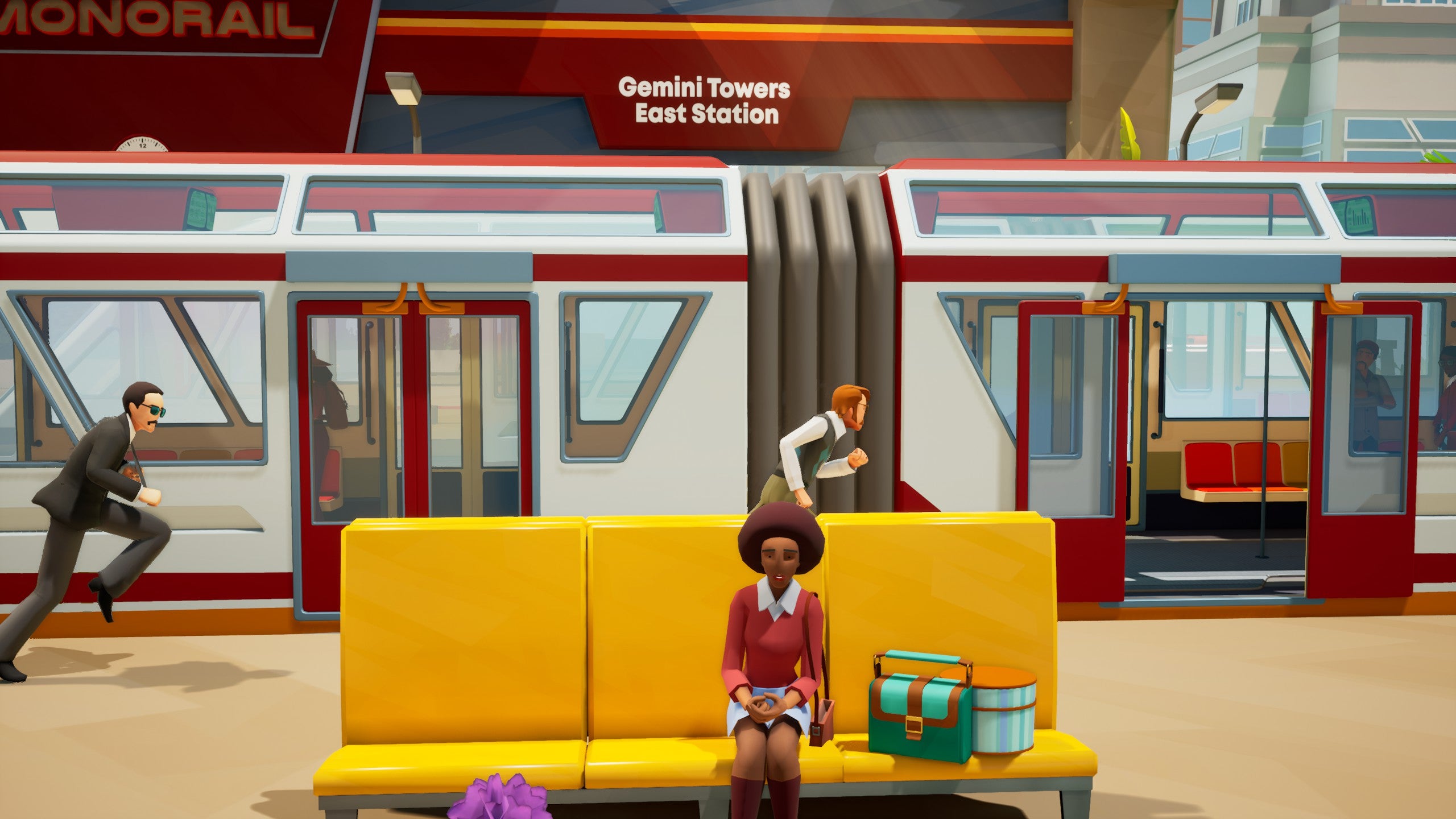 A man in a tank top and white shirt runs away from a suited FBI-like agent behind him. In the foreground, a lady sits on a strikingly yellow bench.