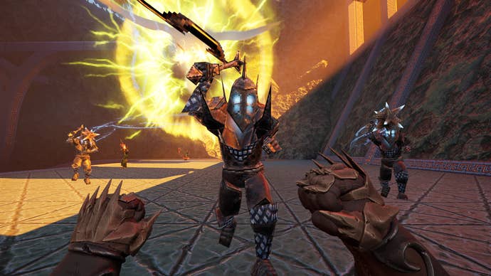 A knight rushes towards the player in Amid Evil expansion The Black Labyrinth.