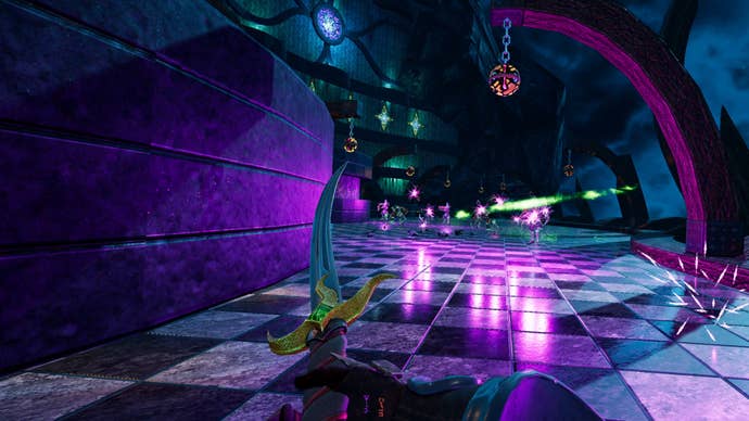 Brandishing a sword at approaching enemies in Amid Evil VR