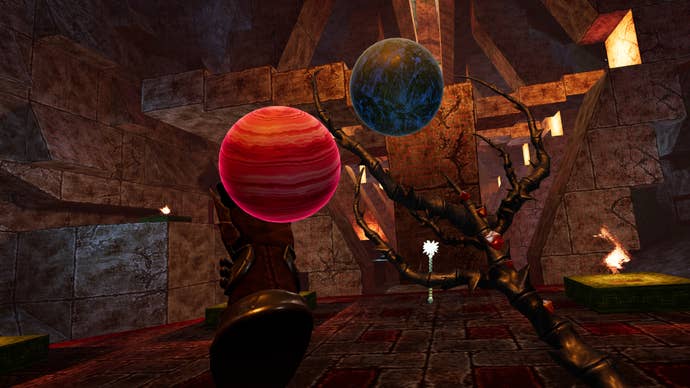 Manipulating planet-looking orbs in a dungeon in Amid Evil VR
