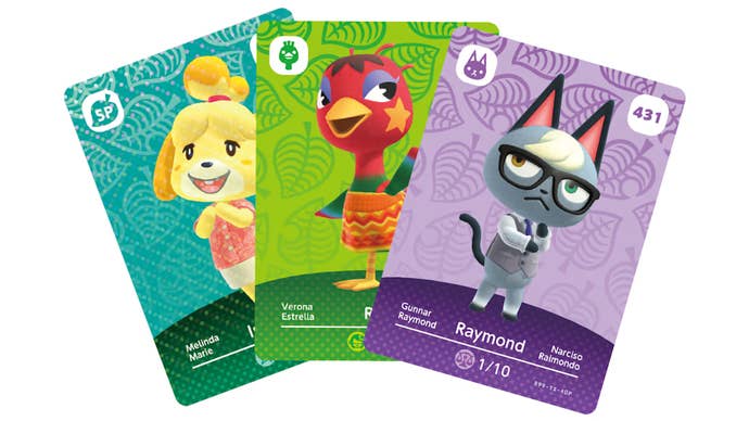 Three Animal Crossing amiibo cards with a grumpy cat called Raymond