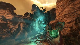An otherworldly landscape in Amnesia: Rebirth, with the player opening a green portal in a cliffside using a clockwork locket.