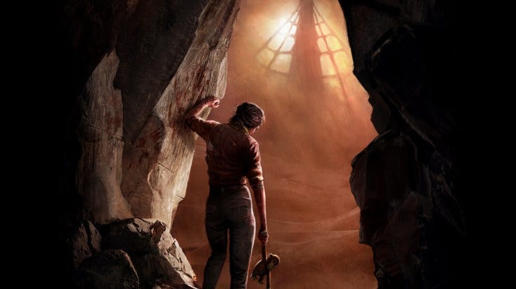 The boxart for Amnesia: Rebirth, showing a tower through a sandy haze with the player emerging from a cave in the foreground.