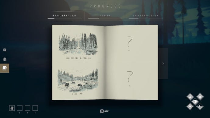 The notebook in Among Trees showing some sketched key locations - a waterfall and a lake