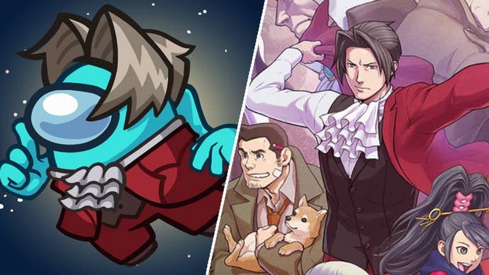 On the left, an Among Us version of Miles Edgeworth from Ace Attorney. On the right, key art from Ace Attorney Investigations Collection showing Miles Edgeworth putting on his signature red coat.