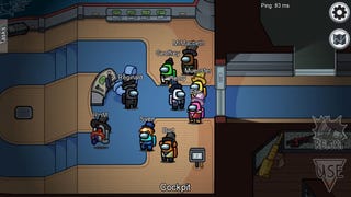 Among Us - Nine players stand together in the airship's cockpit