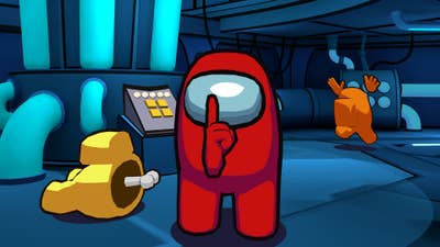 Among Us VR promotional image showing a red character looking at the camera and holding up a hand to indicate "be quiet" to the viewer. A yellow character's lower body (bisected with bone sticking out) lies next to it. In the background, an orange character runs away