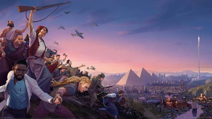 A crowd of angry humans charge toward an unknown goal, with the pyramids in the background.
