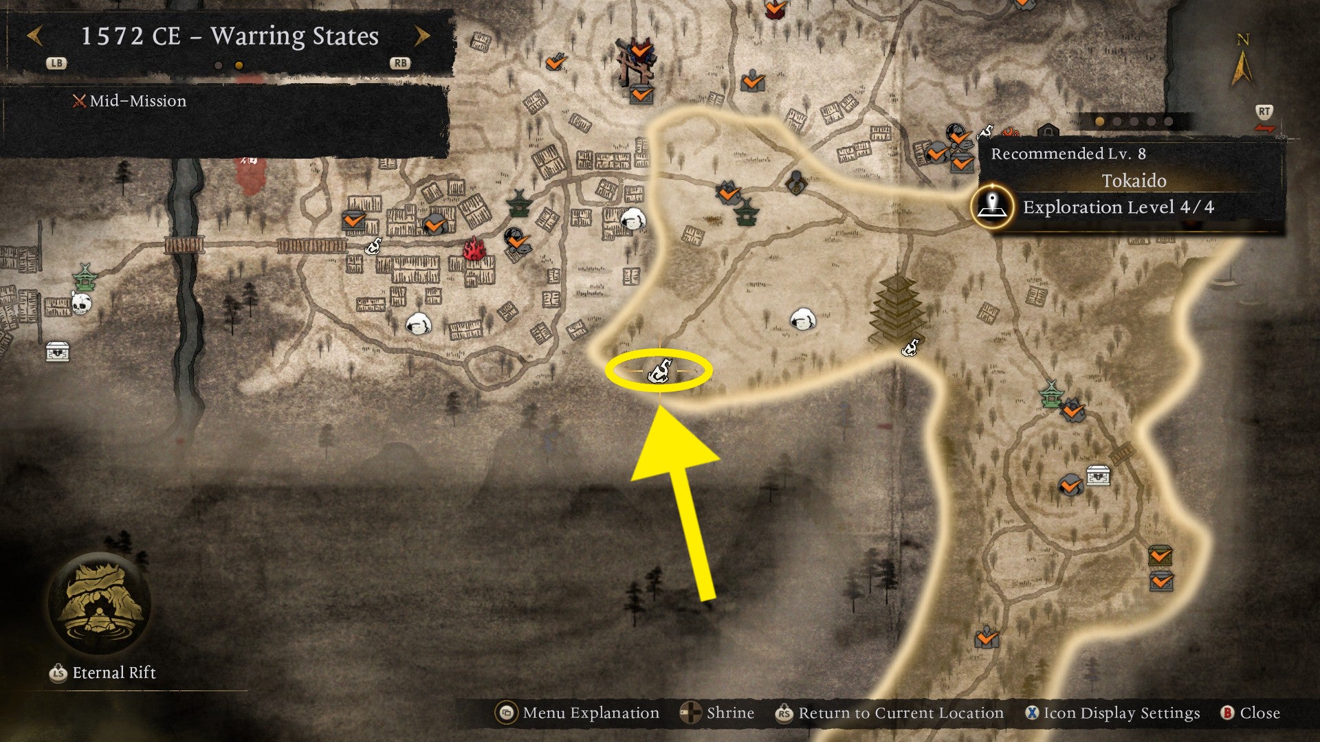 An Amrita icon highlighted by a yellow circle and arrow on the Nioh 3 map. - 6
