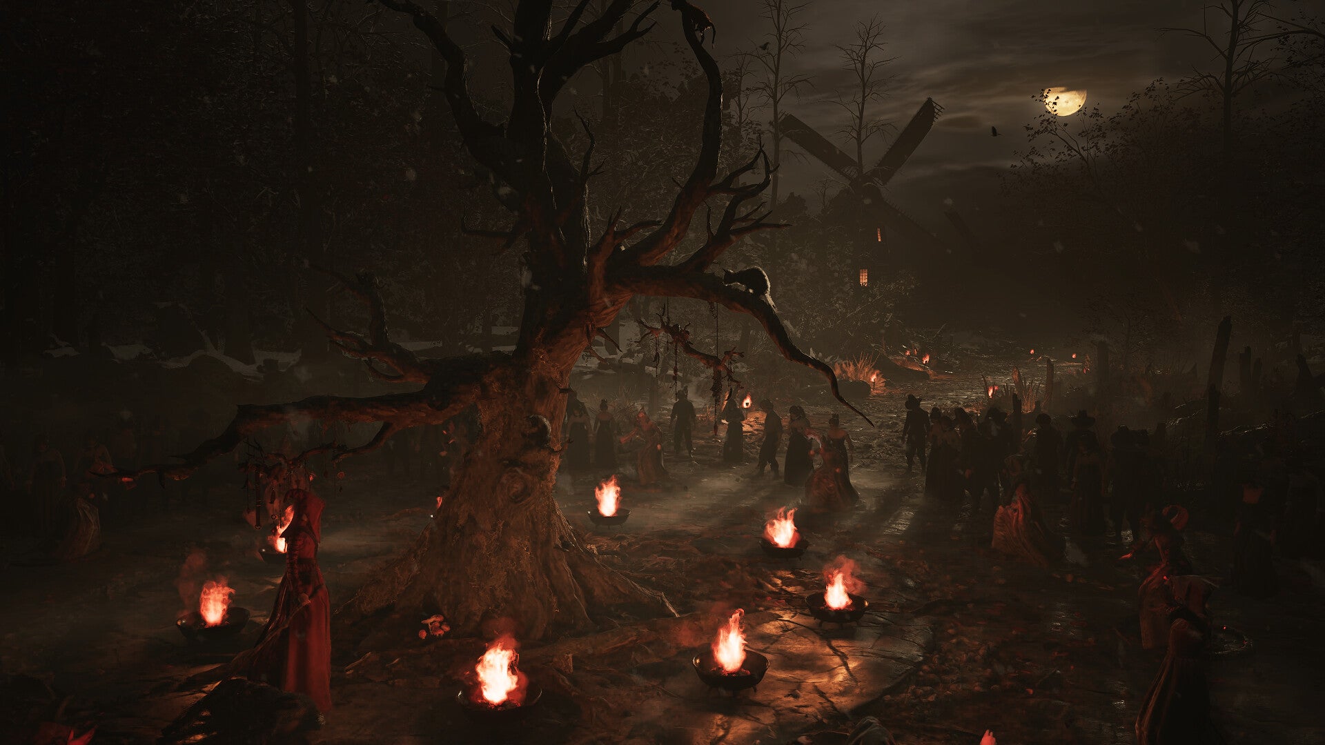 A twisted tree in moonlight, ringed by red flames, in a scene from 1666: Amsterdam.