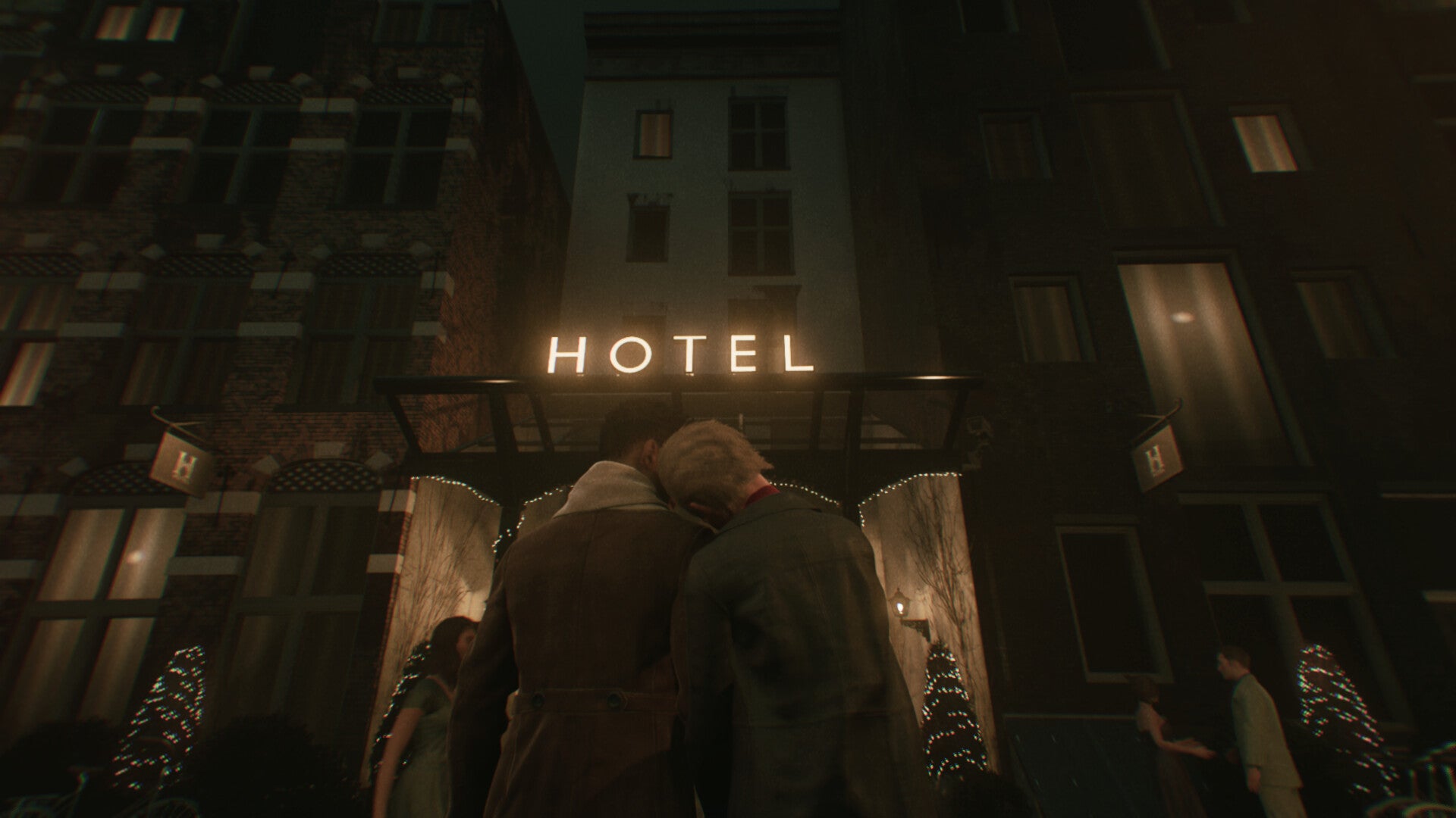 A man and a woman cosying up with their backs to us, while facing towards a glowing hotel sign in 1666: Amsterdam.