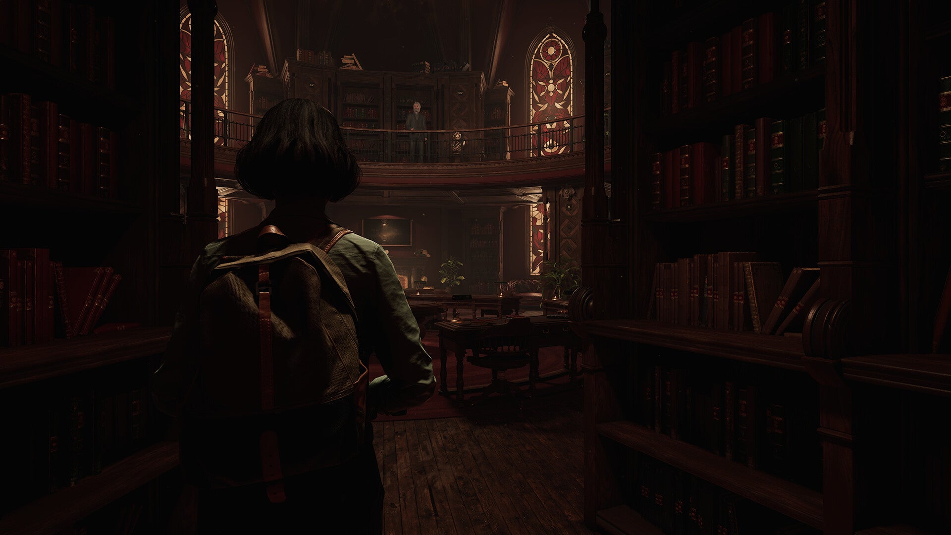 A young woman walking through a shadowy library of dark wood and stained glass in 1666: Amsterdam.