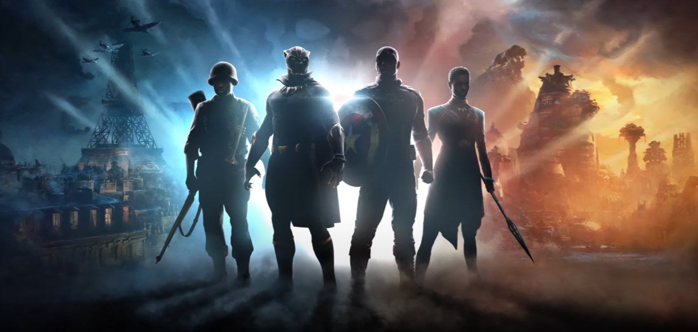 Key art for Amy Hennig&rsquo;s untitled Marvel game showing Captain America, Black Panther, and two soldiers against a split backdrop of Paris and Wakanda.