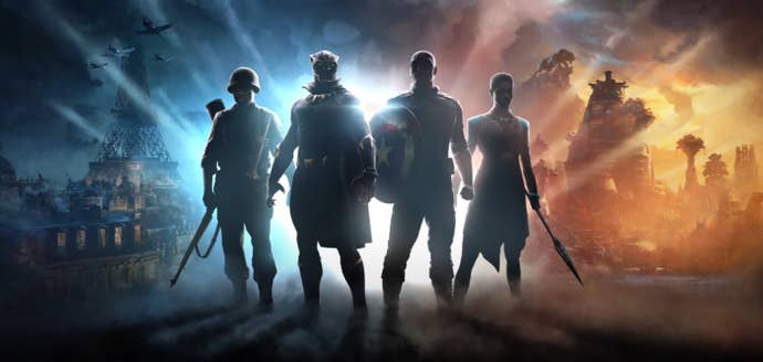 Key art for Amy Hennig’s untitled Marvel game showing Captain America, Black Panther, and two soldiers against a split backdrop of Paris and Wakanda.