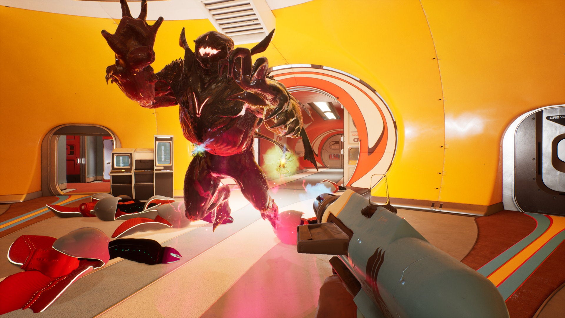 A brute monster leaps at a team of human players in The Anacrusis