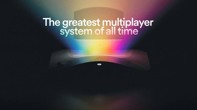 Product image of Analogue 3D console with rainbow light shining out the top and the words “The greatest multiplayer system of all time”