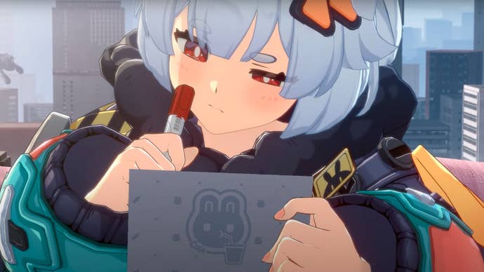A cutesy female character holds up a card with one hand, while wondering what to write down. She holds a pen in her right hand and rests it on her cheek in the process.