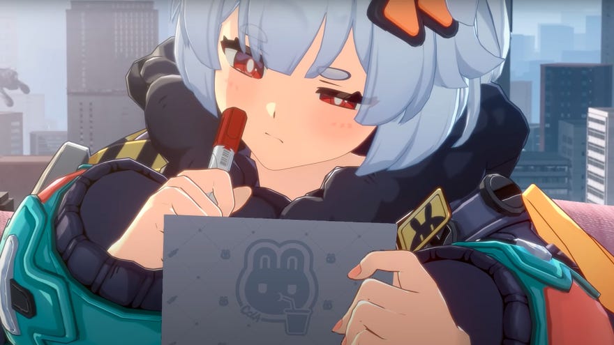 A cutesy female character holds up a card with one hand, while wondering what to write down. She holds a pen in her right hand and rests it on her cheek in the process.