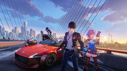 Various anime-looking characters are posed astir a car connected a suspension span successful cardinal creation for Ananta.