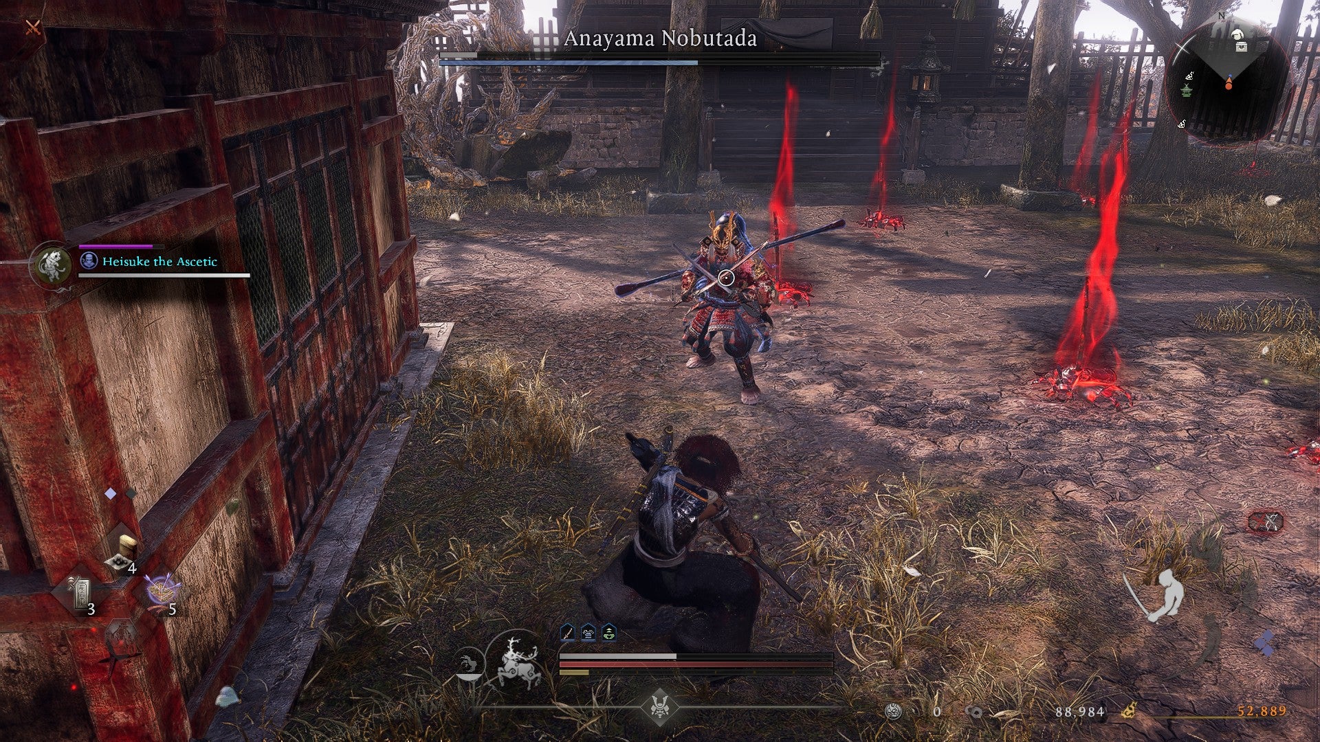 Anayama Nobutada duels the player in an arena littered with Bloody Graves in Nioh 3. - 15