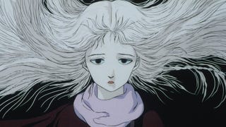 A young, very pale girl with white hair that's being blown by the wind in Angel's Egg.
