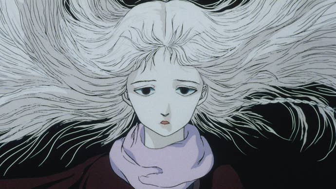 A young, very pale girl with white hair that’s being blown by the wind in Angel’s Egg.