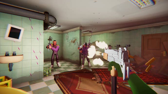 A green man shoots a number of men with dog heads with an Uzi in Anger Foot