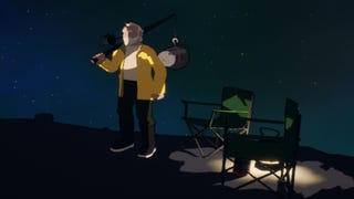 A screenshot of The Anglerfish Project, a free astral fishing game. The image shows an old man in a yellow coat standing by a campchair with a fishing rod over his shoulder.