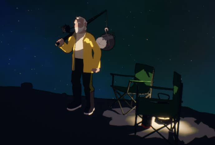 A screenshot of The Anglerfish Project, a free astral fishing game. The image shows an old man in a yellow coat standing by a campchair with a fishing rod over his shoulder.