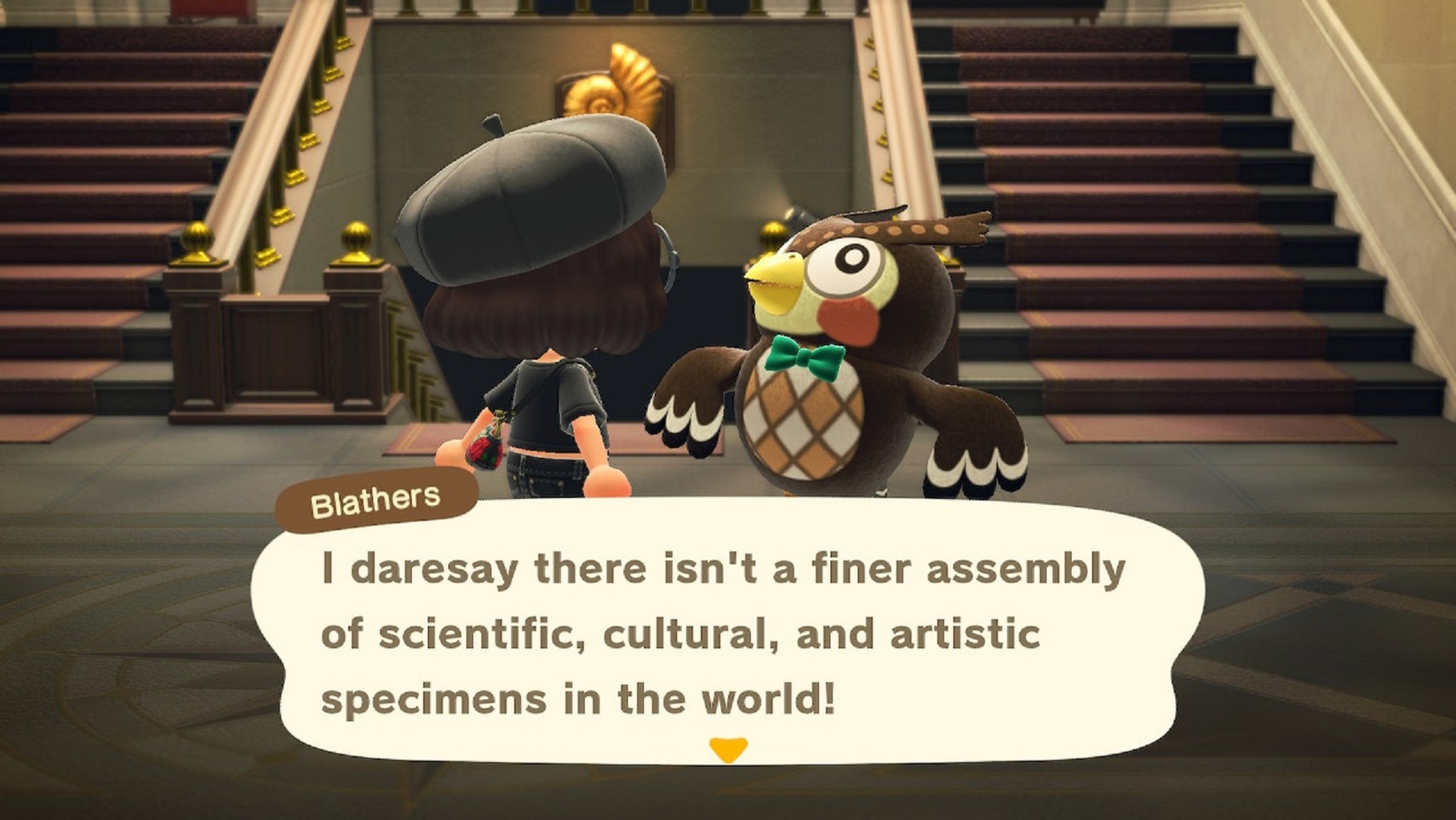 Blathers compliments an Animal Crossing: New Horizons player on completing their art gallery collection. - 1