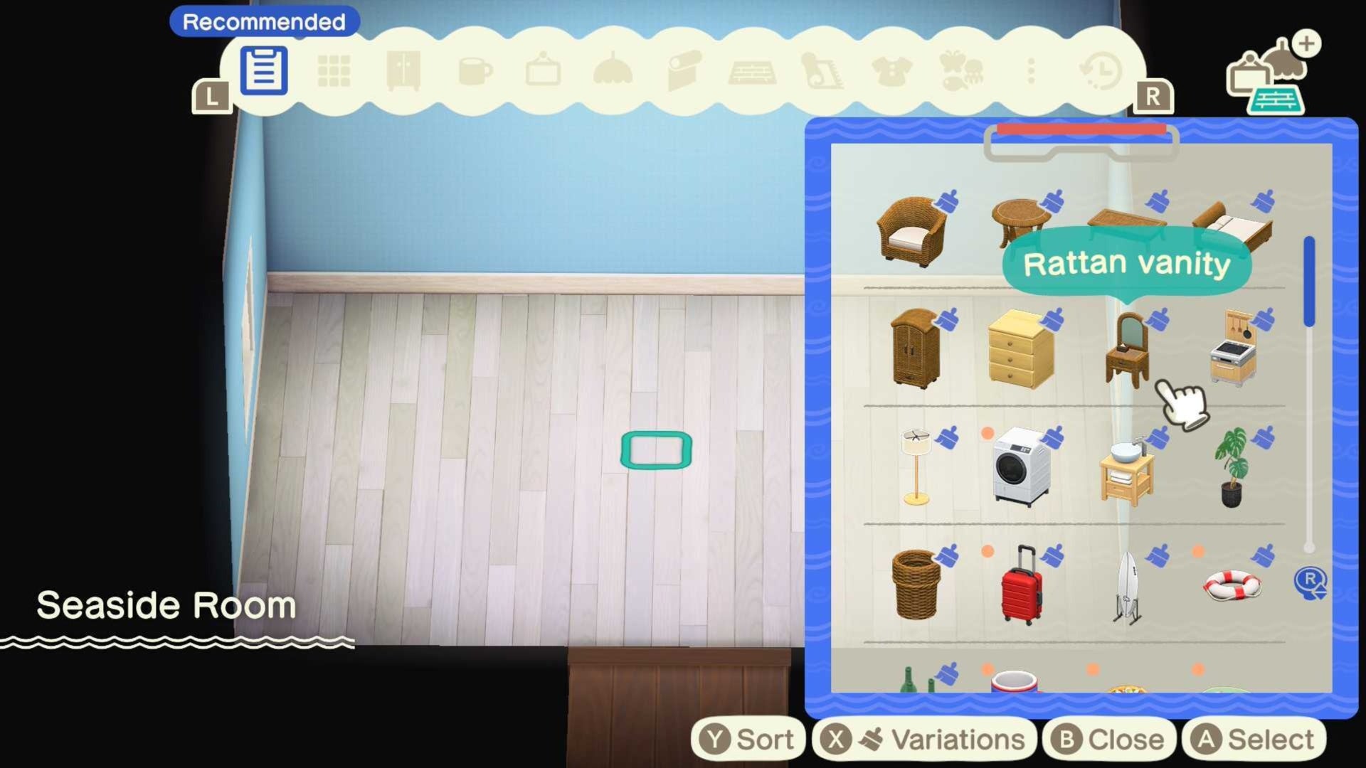 animal crossing new horizons hotel seaside room furniture menu