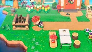 The player character laying down a path in Animal Crossing: New Horizons.