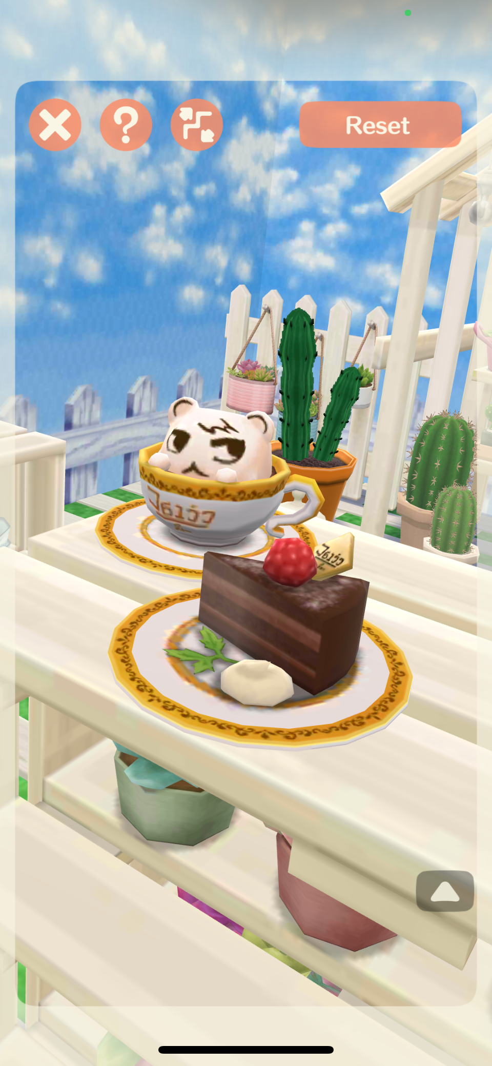 Animal Crossing: Pocket Camp Complete screenshot with the AR camera view of a chocolate cake and latte art featuring Marshal the squirrel&rsquo;s face.