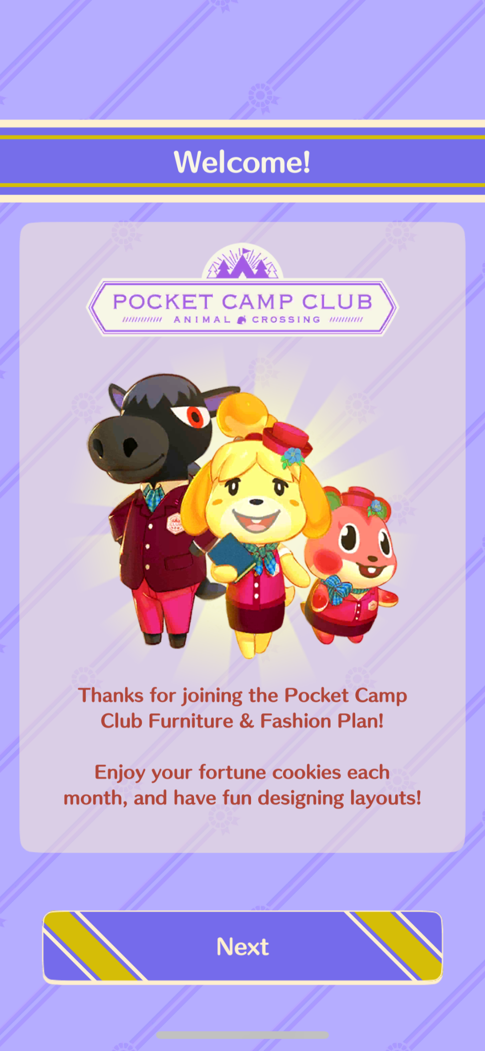 Screenshot of Animal Crossing Pocket Camp&rsquo;s welcome screen for one of its paid subscription plans. The featured animals are all in realtor costumes.