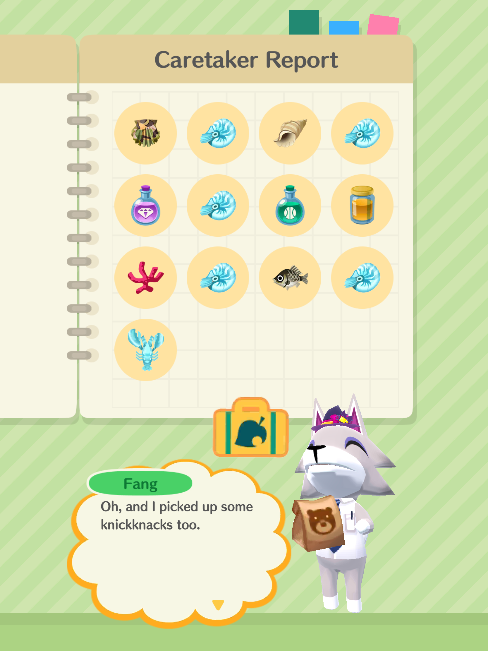 Screenshot of Animal Crossing Pocket Camp&rsquo;s Caretaker Report screen. Fang (a wolf) has collected a lot of items in the player&rsquo;s absence.