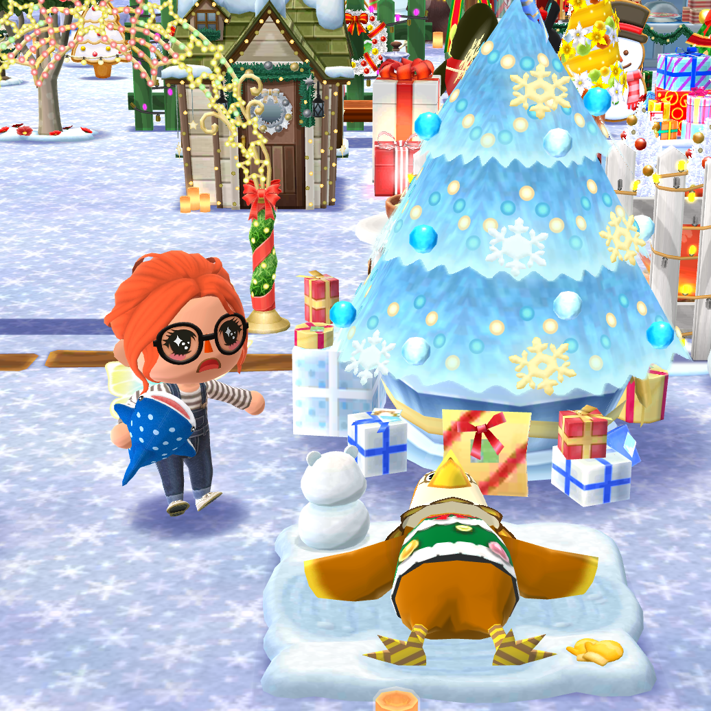 Screenshot of an Animal Crossing Pocket Camp campsite arranged to create the impression of a murder scene. A chicken is lying on the ground (using a snow angel item) and the player character is using the shocked reaction to &ldquo;discover&rdquo; the body.