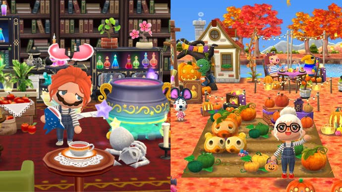 Two Animal Crossing Pocket Camp screenshots combined side by side, left a scene of woe and heartbreak, right a scene of Autumnal joy.