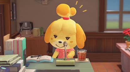 Close up of Isabelle the yellow dog in Animal Crossing: New Horizons