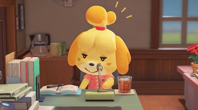 Close up of Isabelle the yellow dog in Animal Crossing: New Horizons
