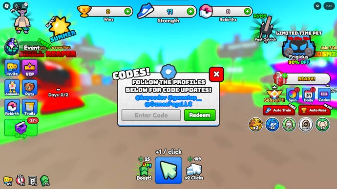 A screenshot from Animal Race in Roblox showing the game's codes page.