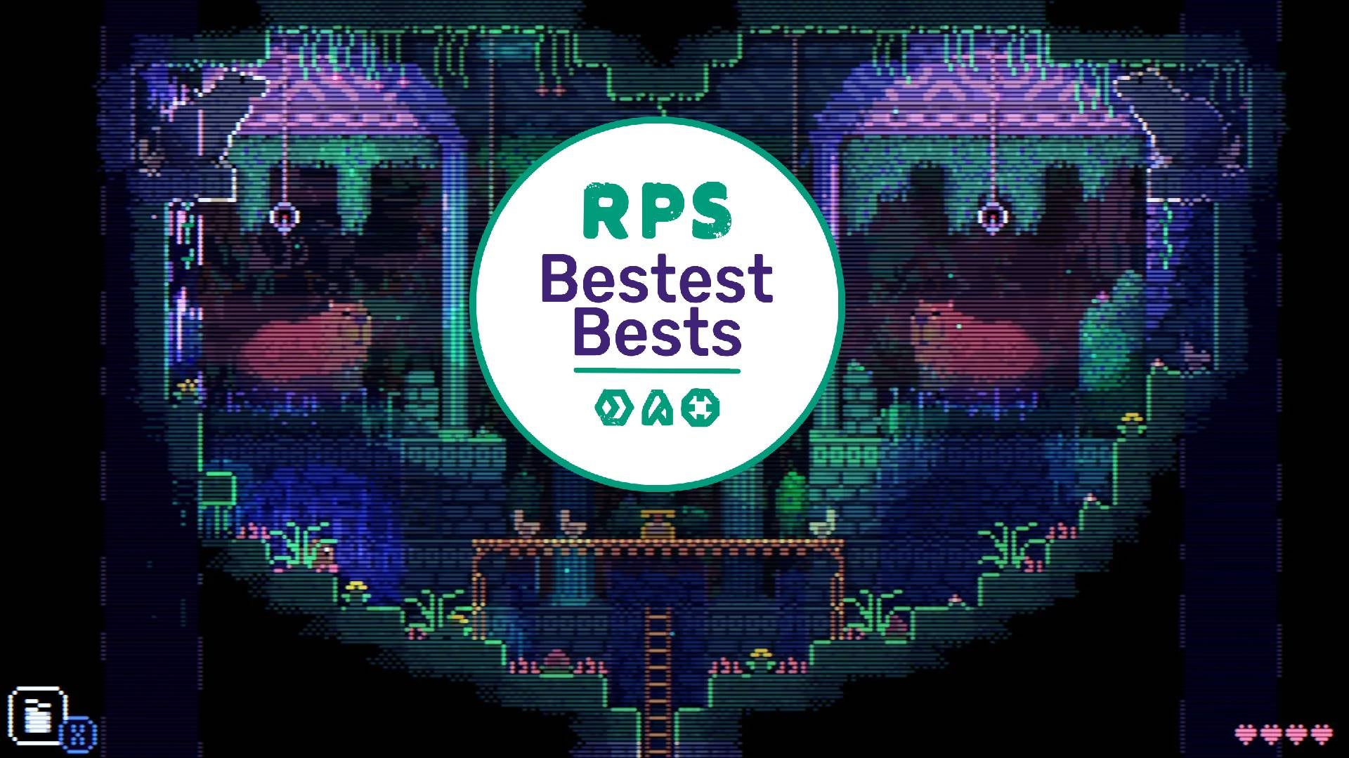 A screenshot from Animal Well that shows a heart-shaped underground level with an RPS Bestest Best badge flanked by capybaras. - 1