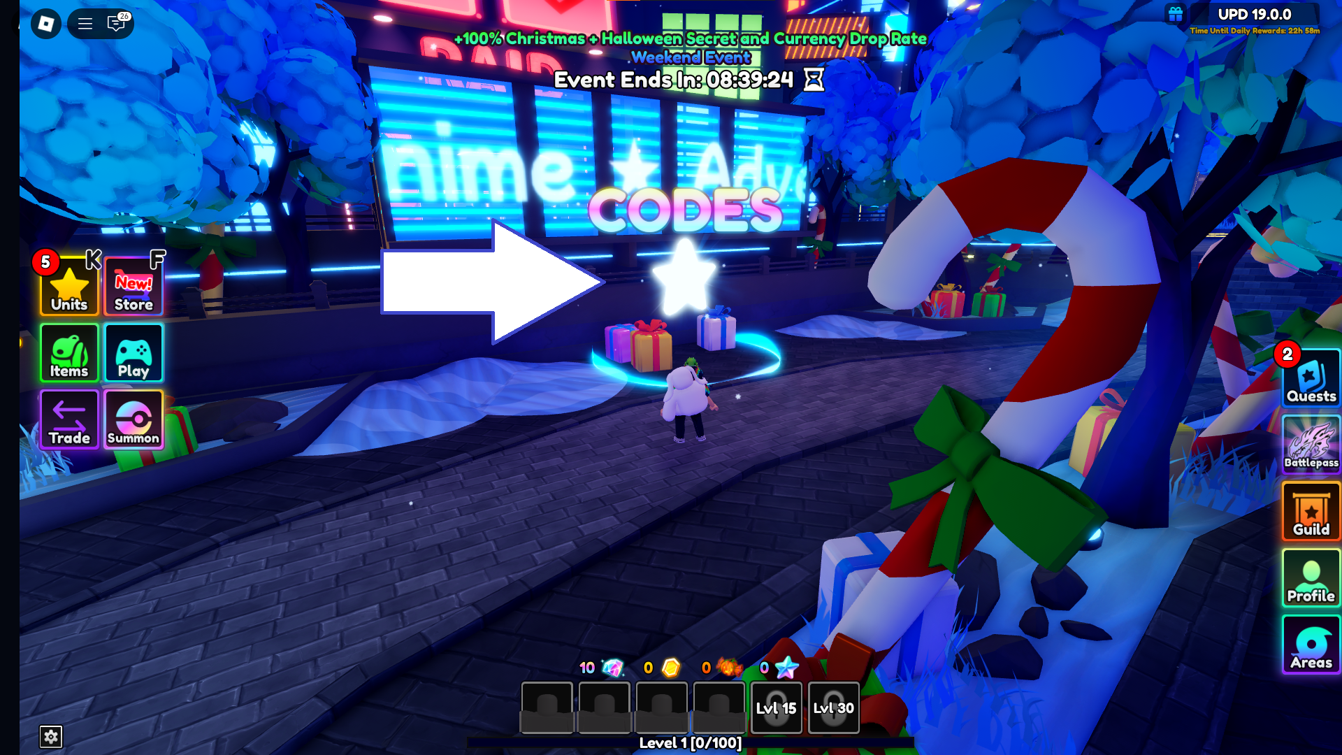 A screenshot of Anime Adventures in Roblox showing the game&rsquo;s codes circle.