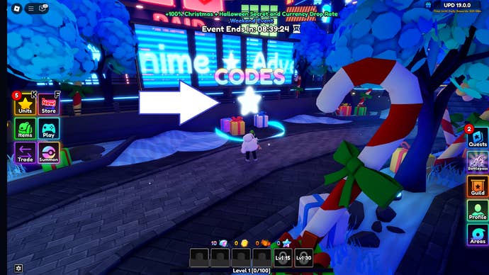 A screenshot of Anime Adventures in Roblox showing the game’s codes circle.
