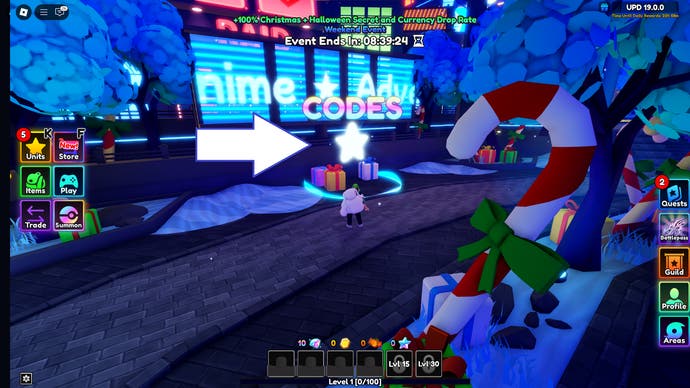 A screenshot from Anime Adventures in Roblox showing the game's code circle.