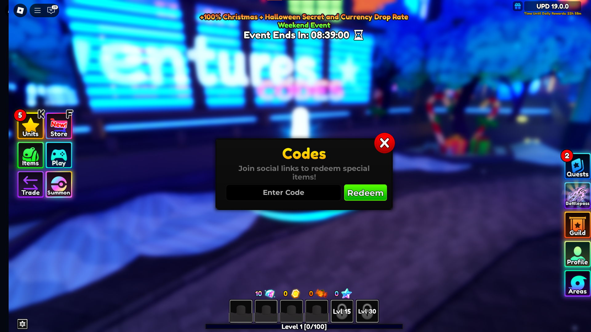 A screenshot of Anime Adventures in Roblox showing the game&rsquo;s codes field.