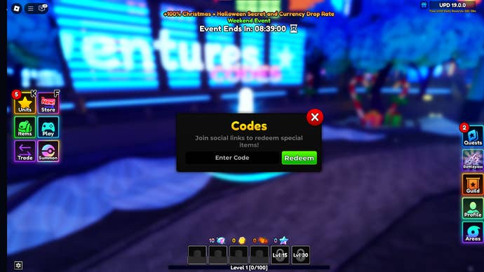 A screenshot of Anime Adventures in Roblox showing the game’s codes field.